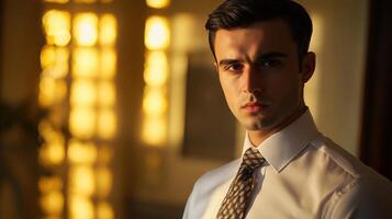 A young diplomat in a crisp white shirt and patterned tie gazes thoughtfully at the viewer with the delicately blurred background featuring muted gold tones adding an air of sophisticatio photo