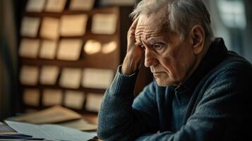 An elderly politician seated at a conference table rests their head in one hand looking pensive as they listen to a discussion. The background showcases a softly defocused array o photo