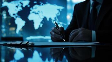 A diplomat sits at a sleek conference table holding a pen poised over notes. The faint outlines of continents and oceans subtly emerge in the blurred background symbolizing the weigh photo
