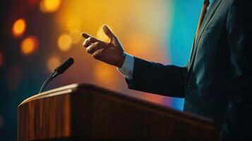A closeup of the politicians hands gesturing emphatically while outlining policies with the backdrop softly fading into a gradient of rich colors. The ambient lighting accentuates th photo