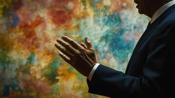 A seasoned diplomat hands clasped speaks animatedly while conveying a warm gesture. The backdrop reveals a subtle haze of celebrated global symbols merging into a tapestry of color photo