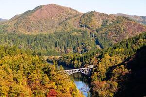Beautiful Train run cross Daichi Tagamigawa Bridge view from First Tadami River Bridge photo