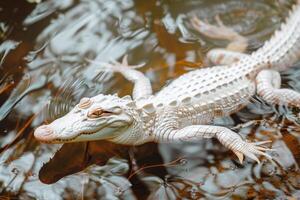 Close-up of rare albino alligator floating calmly in water. The image captures the detailed texture of its skin and the serene nature of its environment photo