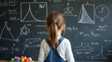 A little girl standing in front of a blackboard with math formulas photo