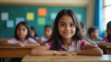 A young girl sitting at a desk in front of a classroom photo