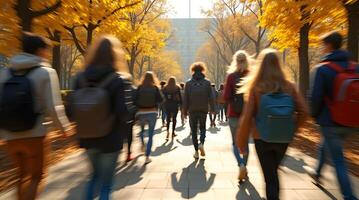 A group of people walking down a sidewalk in the fall photo