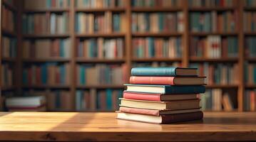 A stack of books on a table in front of a library photo