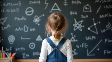 A little girl standing in front of a blackboard with various formulas written on it photo