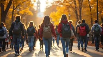 A group of students walking down a sidewalk photo