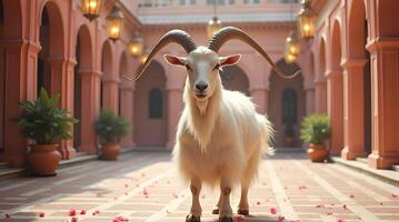 A goat with long horns standing in a courtyard photo