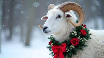 A ram wearing a wreath and roses in the snow photo