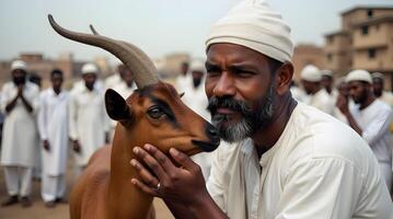 A man with a white turban and beard is petting a goat photo