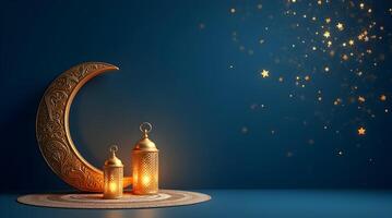 Golden crescent and lantern on blue background with stars 3d render photo