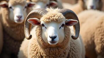 A group of sheep with large horns photo