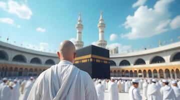 A man in white is standing in front of the kaaba in the middle of the crowd photo