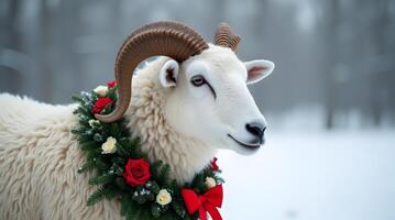 A ram with a wreath on its head in the snow photo