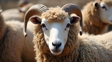 A close up of a sheep with large horns photo