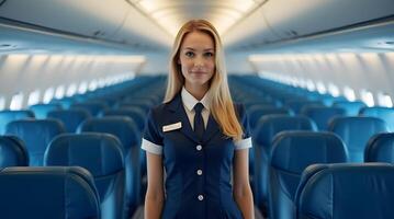 A flight attendant standing in an airplane photo