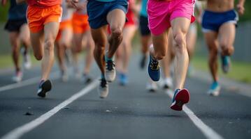A group of people running on a track photo