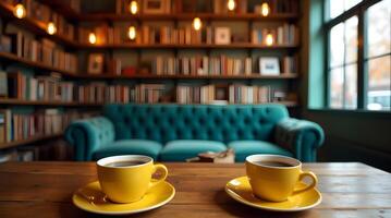 Two yellow coffee cups on a wooden table in front of a book shelf photo