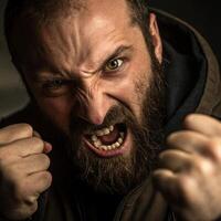A man with a beard and a beard is showing his teeth photo