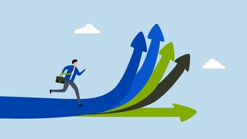 Career decision, 4k animation of businessman running to different arrow pathway. video
