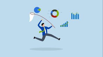 Collect data, 4k animation of businessman catch data graph and chart with butterfly net. video