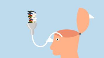 Read book fast to learning new lesson, 4k animation of book stack in funnel easy to flow in human head. video