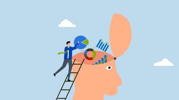 Data scientist, 4k animation of businessman put graph diagram report on human head brain. video