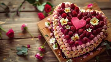 A heart shaped cake with strawberries and raspberries photo