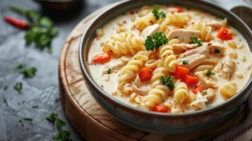 Creamy Chicken Noodle Soup With Parsley Garnish and Red Pepper Flakes photo
