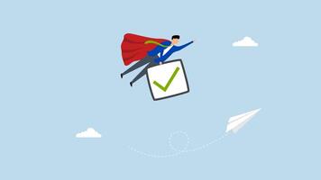 checkbox to complete work, 4k animation of businessman superhero flying with checkmark completion. video