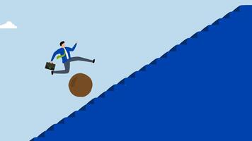 Overcome obstacle, 4k animation of entrepreneur leaps over tumbling rock to ascend staircase of achievement. video