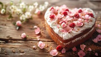 A heart shaped cake with white frosting and pink flowers photo