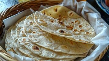 A Stack of Freshly Baked Flatbreads in a Wicker Basket photo