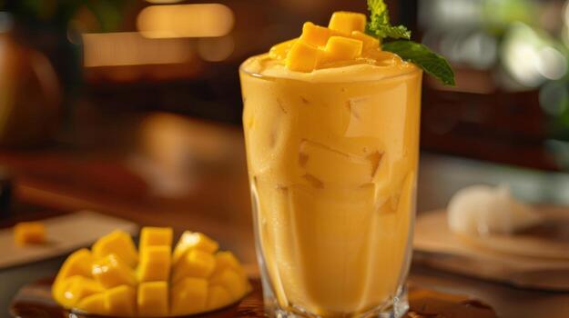A Refreshing Glass of Mango Smoothie With a Side of Fresh Fruit photo