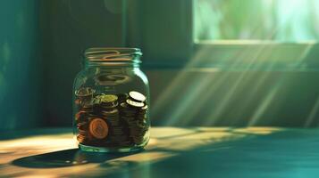A jar filled with coins on a table photo