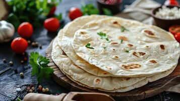 Freshly Baked Flatbreads With Herbs and Spices on a Rustic Wooden Board photo