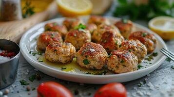 A Plate of Golden-Brown Chicken Meatballs Garnished With Fresh Parsley and a Hint of Lemon photo