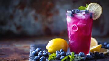 A Refreshing Glass of Blueberry Lemonade With a Slice of Lemon and Fresh Mint on a Wooden Table photo