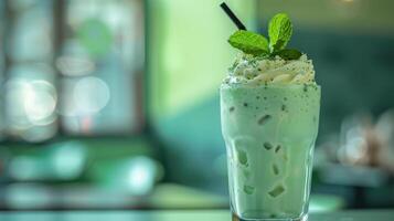 A Refreshing Mint Milkshake With Whipped Cream and a Mint Garnish, Ready to Quench Thirst on a Summer Day photo
