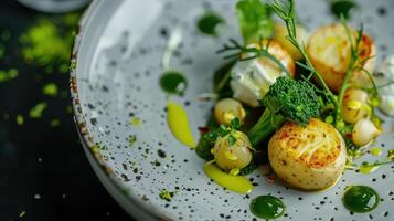 A plate with scallops and vegetables on it photo