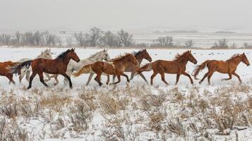 A herd of horses running in a field photo