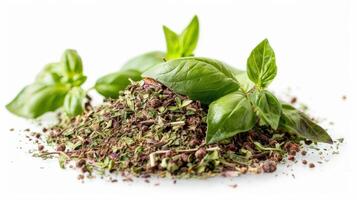 A pile of herbs and spices on a white background photo