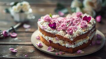 A cake with pink roses on top photo