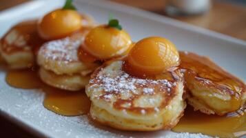 Golden Syrup Drizzled Pancakes With Powdered Sugar and Candied Orange Slices photo