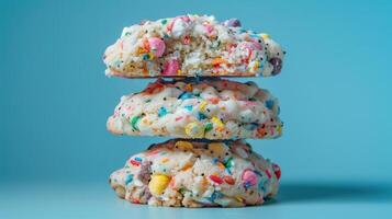 A Stack of Colorful Birthday Cookies on a Blue Background photo