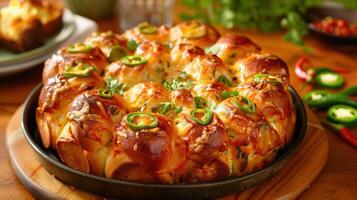 A large bread with cheese and jalapenos on top photo