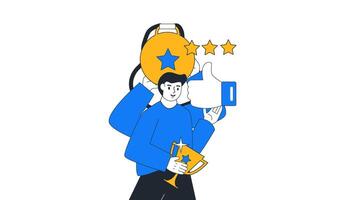 Trophies and positive rate work 2d animation man best employee of the month with best rating performance illustration isolated business. Alpha Channel or transparent background video