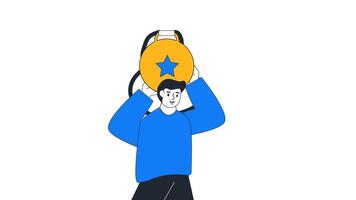 Medals 2d animation man best employee of the month with best rating performance illustration isolated business. Alpha Channel or transparent background video